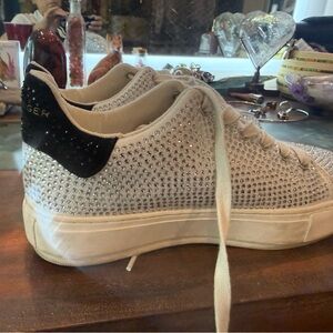 Kurt Geiger White Crystal Embellished Platform Sneakers with Black Heel Tab